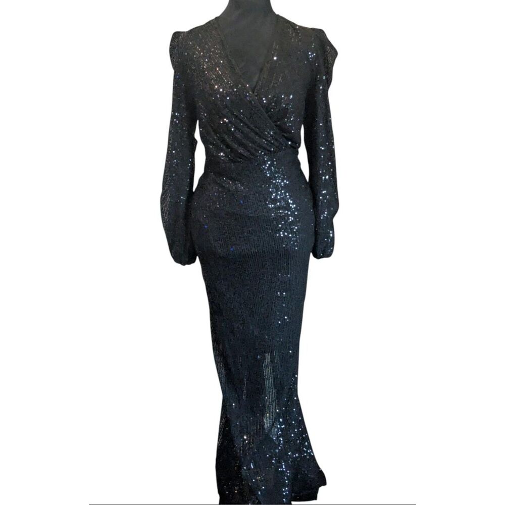 Faeriesty Black Sequin Maxi Dress 1XL Mermaid Gown V-Neck Long Sleeve Prom